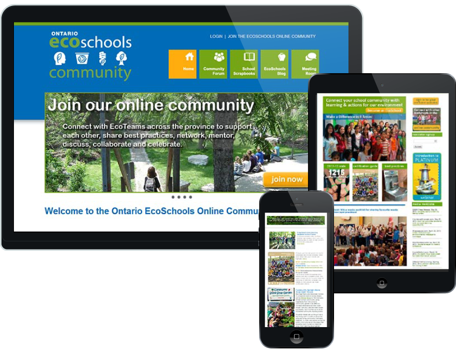 latop, tablet and phone displaying EcoSchools online community, website and newsletter